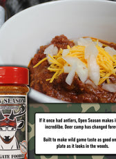 Seasoning bottle with explanation and chili bowl in background